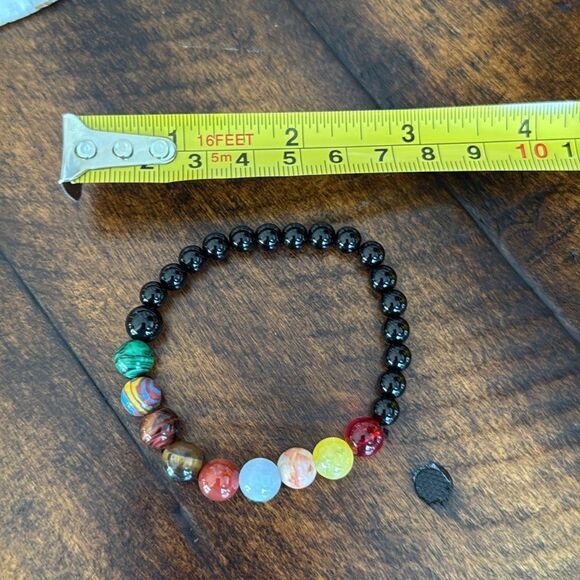 Colorful Chakra Energy Bead Bracelet, Stretch Design, Black Gloss & Gemstone Mix - Picture 10 of 10
